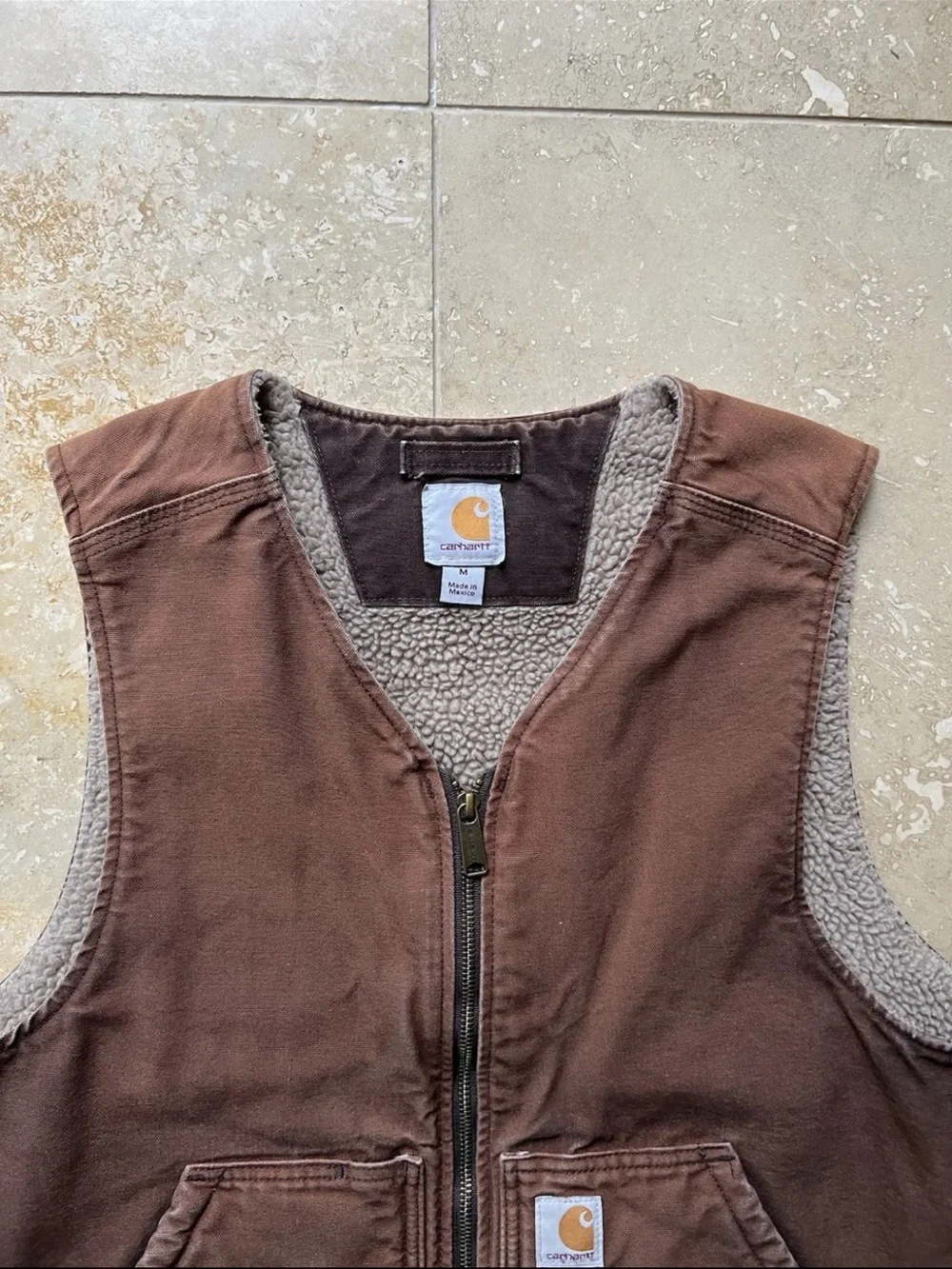 VTG Carhartt Canvas Sherpa Lined Faded Brown Workwear Vest Size Medium
